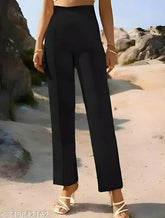 Women's black viscose rayon trousers with solid pattern, regular fit and Lycra for stretch - India